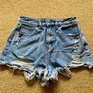 Shein distressed light wash blue shorts